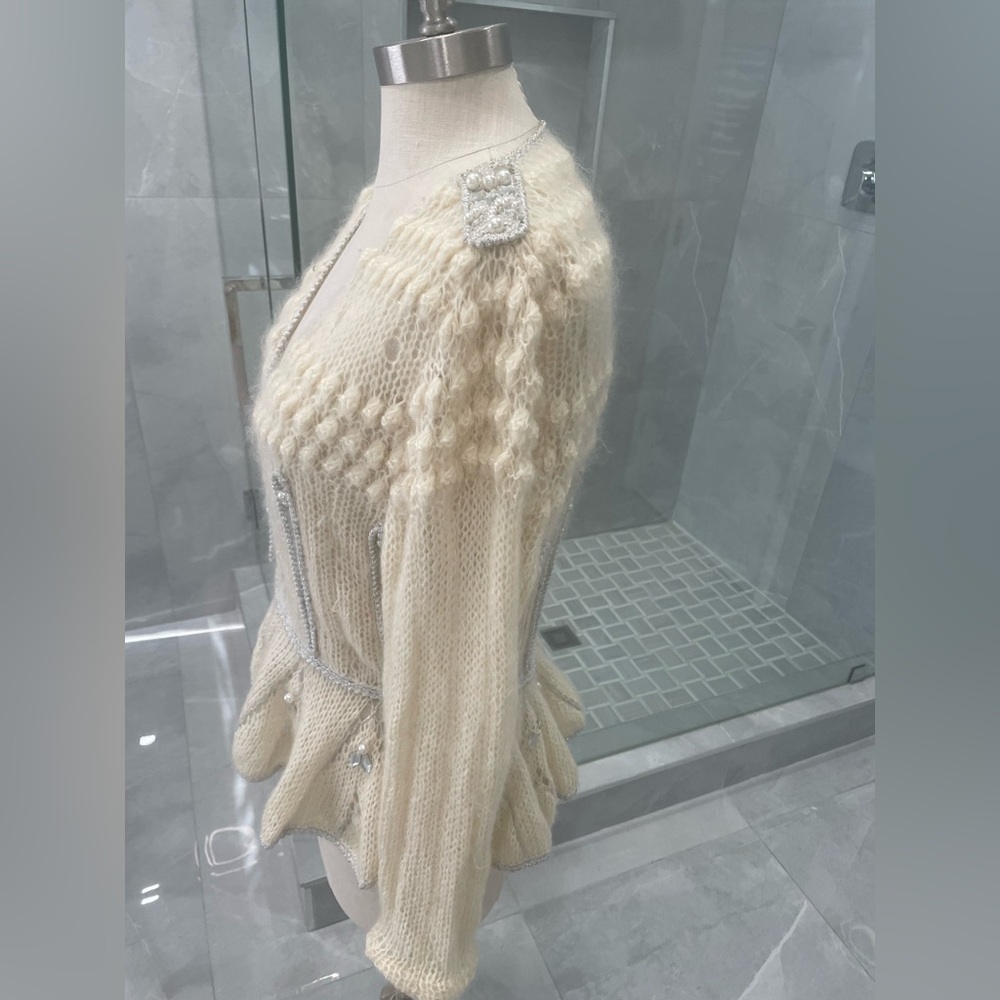 MOHAIR BEIGE SWEATER CARDIGAN WITH JEWELS SIZE MEDIUM - Picture 10 of 17